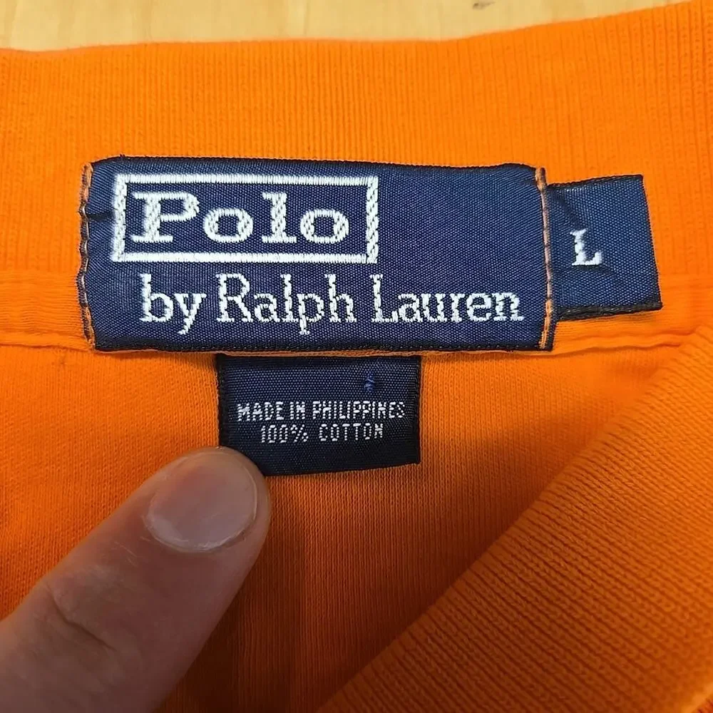 VTG Polo Ralph Lauren Polo Shirt Mens Size Large Orange Blue Pony0